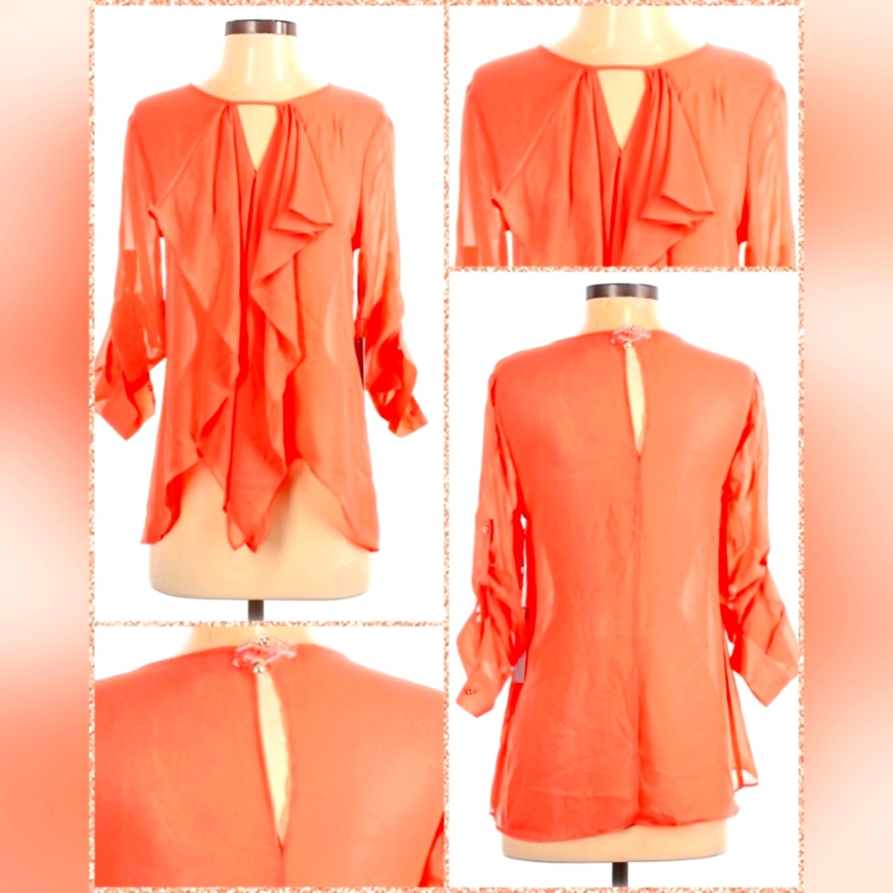 Jennifer Lopez, NWT, Hot Coral, Semi-Sheer, Ruffle Front Blouse, Size XS
